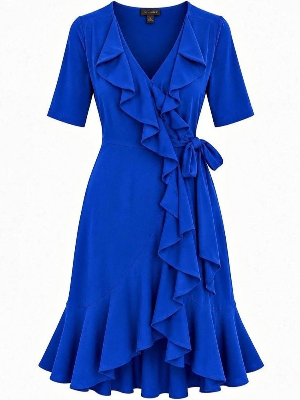 NWOT The Limited Cobalt Blue Wrap Ruffle Hem Tie Waist Dress Size M